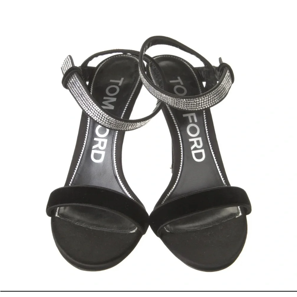Tom Ford black velvet silk crystal stiletto sandals size 36 1/2 - Picture 2 of 8